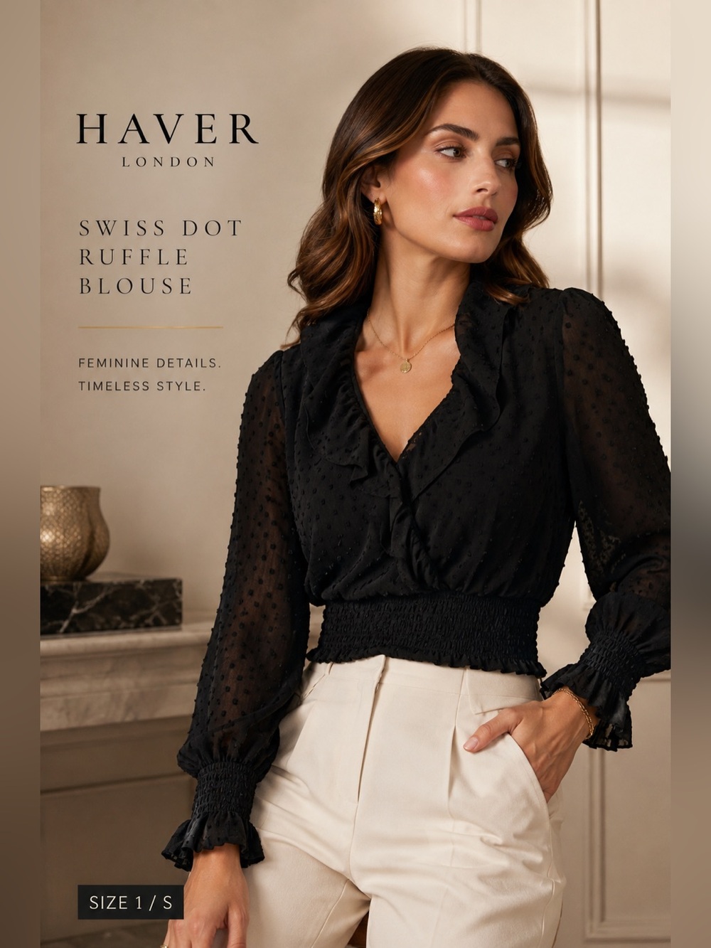 Haver London Black Swiss Dot Ruffle Smocked Crop Blouse Size L